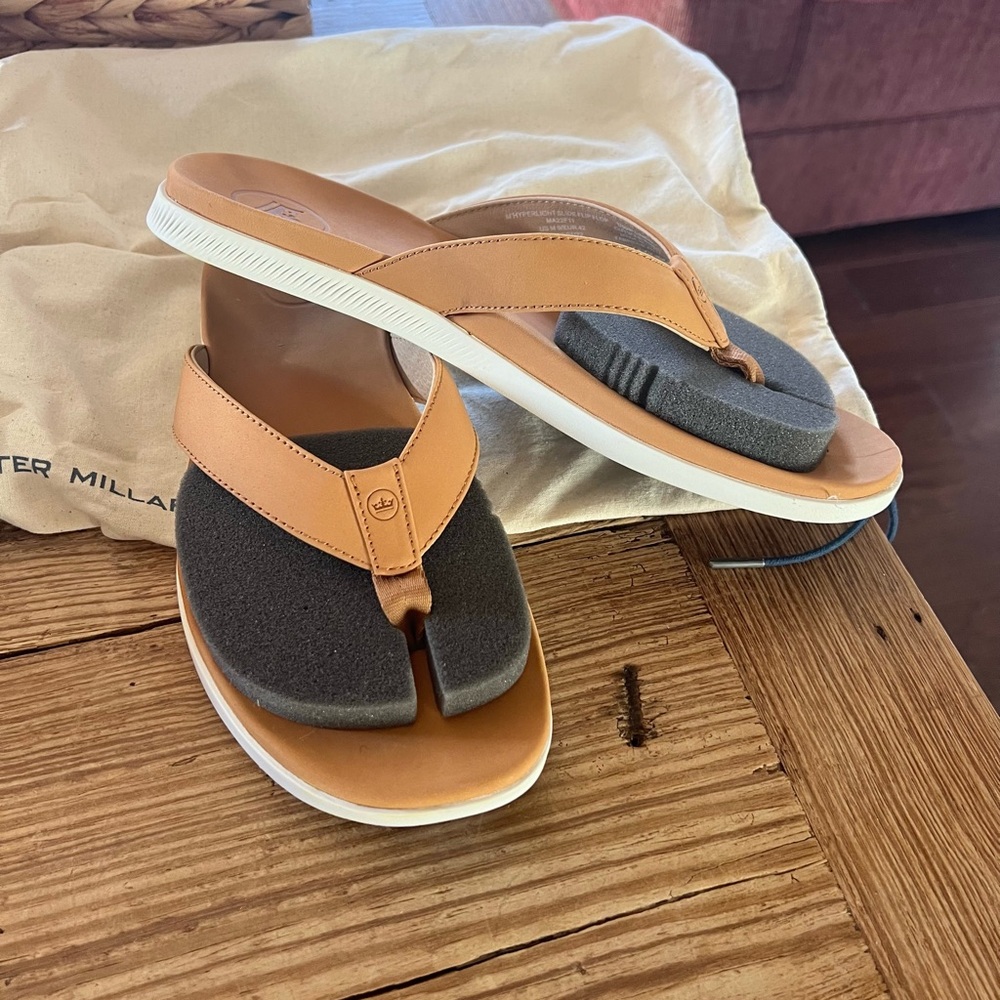 Peter Millar Tan and Gray Split-Toe Leather Flip Flops
